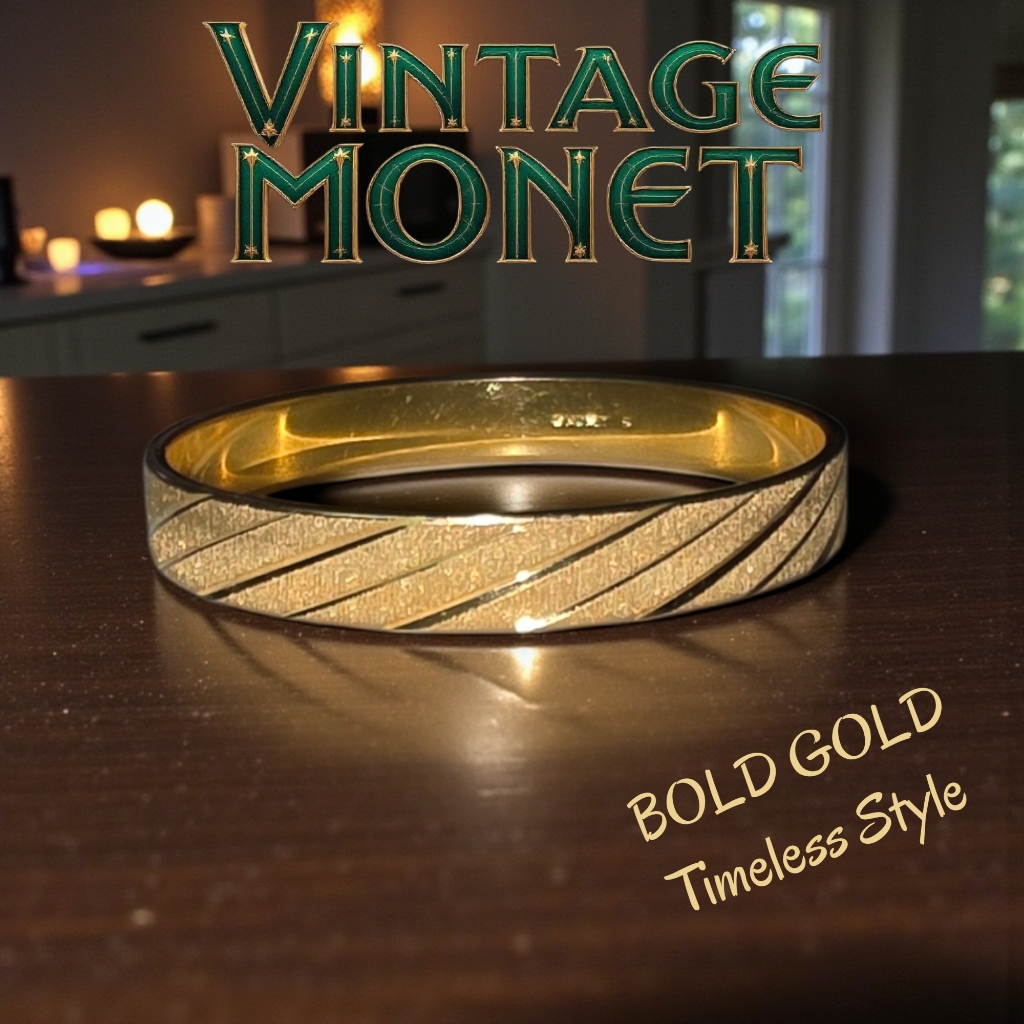 Vintage Monet Gold Tone Bangle Diamond Cut Textured Bracelet